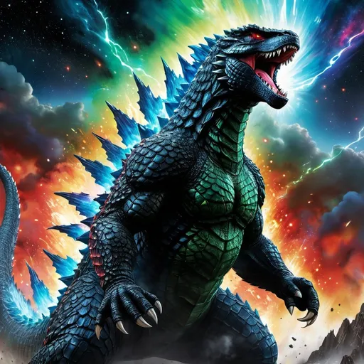 Prompt: Intimidating Godzilla 2023 made of cosmic energy, white blue black red and green, Galaxy, more background, Magic: The Gathering Art-style, hyper realistic, hyper detailed, more background