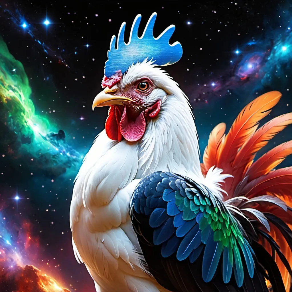 Prompt: Intimidating chicken god made of cosmic energy, white blue black red and green, Galaxy, Magic: The Gathering Art-style, hyper realistic, hyper detailed 