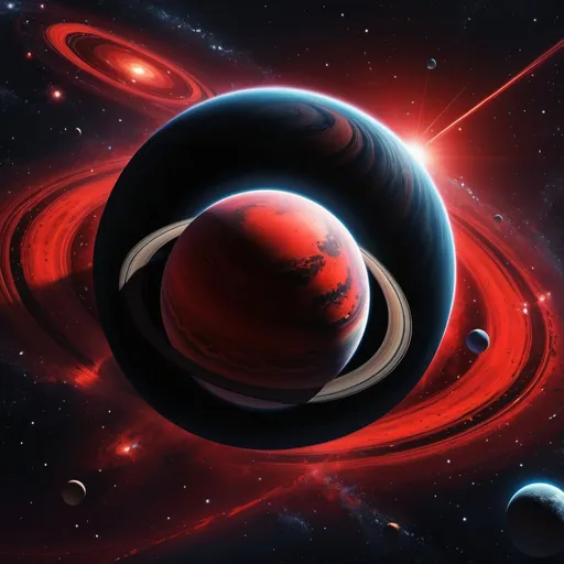Prompt: Make outer space with a planet, the planet is red and with some mysterious black on it as well, painting, red stars, Saturn rings around it, hyper realistic, hyper detailed, perfect, wallpaper, dark space, masterpiece 