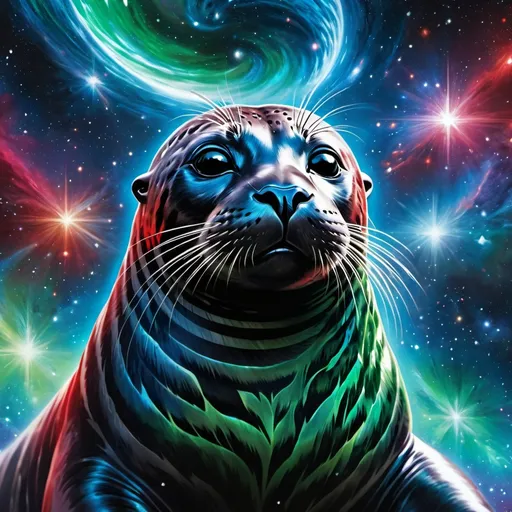 Prompt: Intimidating seal god made of cosmic energy, white blue black red and green, Galaxy, Magic: The Gathering Art-style, hyper realistic, hyper detailed 