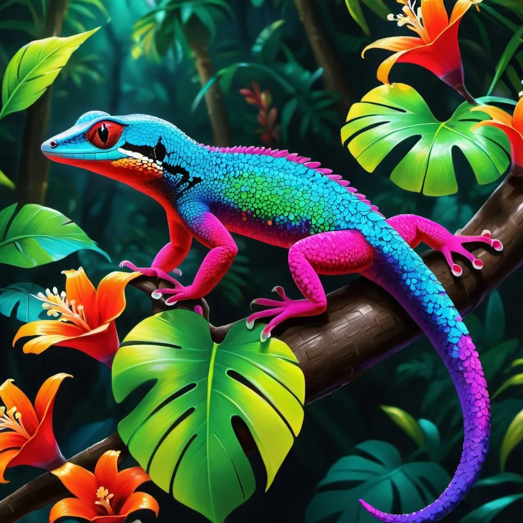 Prompt: Make a neon gecko, colorful forest, neon gecko is bright and glowing, beautiful flowers, hyper realistic, hyper detailed, painting, masterpiece, wallpaper, more flowers, some humming birds, some red parrots, colorful