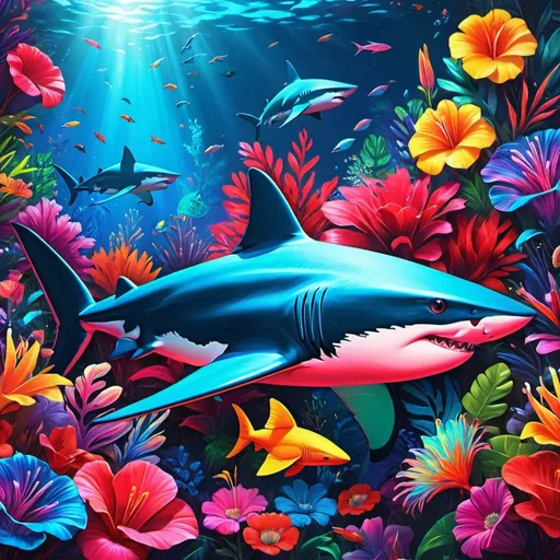 Prompt: Make a neon shark, colorful forest, neon shark is bright and glowing, beautiful flowers, hyper realistic, hyper detailed, painting, masterpiece, wallpaper, more flowers, some humming birds, some red parrots, colorful