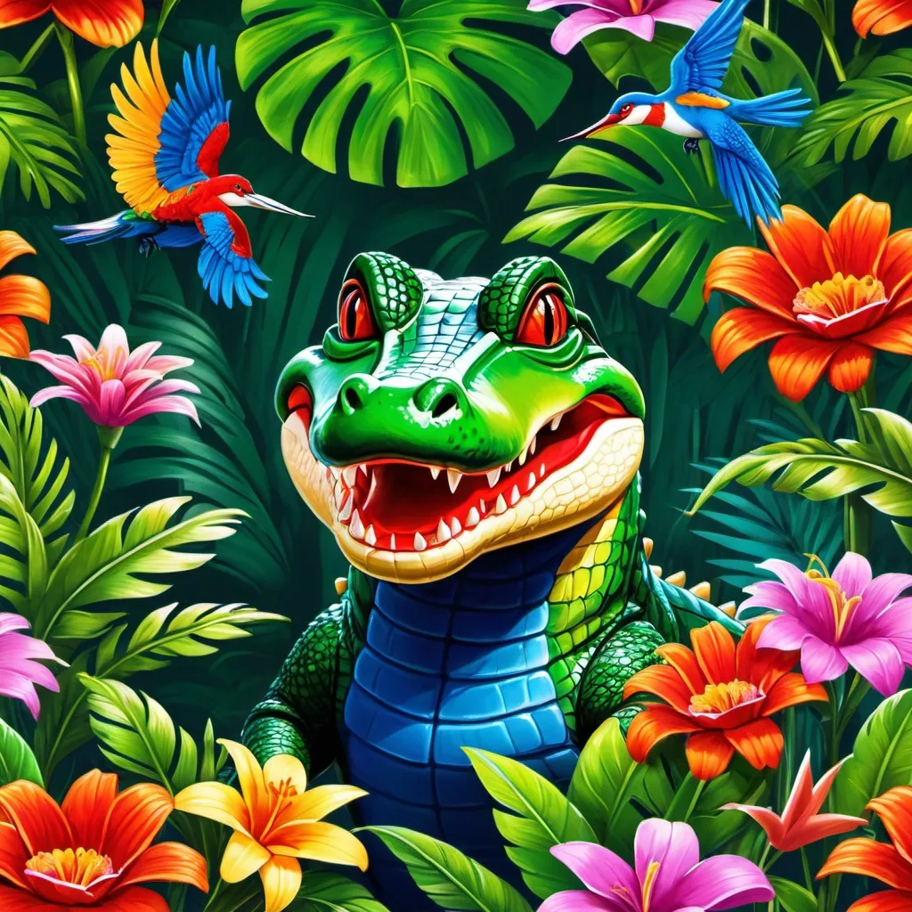 Prompt: Make a alligator, colorful forest, alligator is bright and glowing, beautiful flowers, hyper realistic, hyper detailed, painting, masterpiece, wallpaper, more flowers, some humming birds, some red parrots, colorful