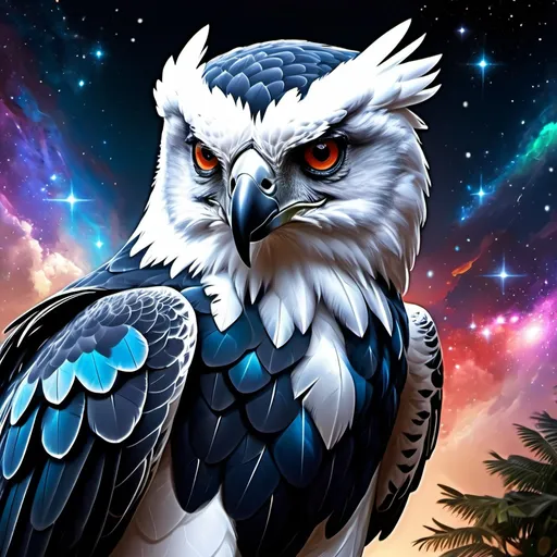 Prompt: Intimidating Harpy eagle god made of cosmic energy, armor with a few glowing powerful gems white blue black red and green, Galaxy, Magic: The Gathering Art-style, hyper realistic, hyper detailed 