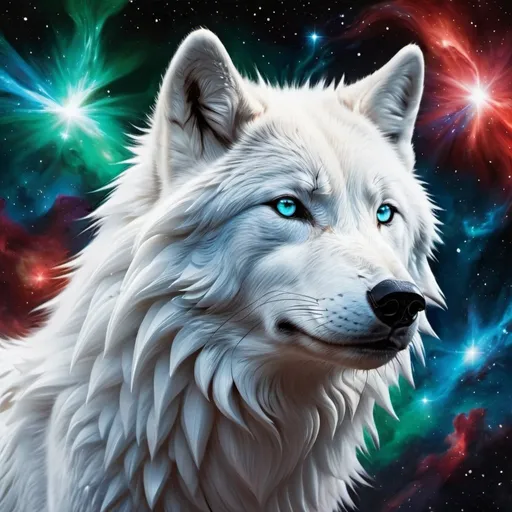 Prompt: Intimidating arctic wolf god made of cosmic energy, white blue black red and green, Galaxy, Magic: moon, The Gathering Art-style, hyper realistic, hyper detailed 