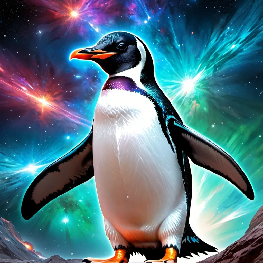 Prompt: Intimidating Penguin God made of cosmic energy, white blue black red and green, Galaxy, Magic: The Gathering Art-style, hyper realistic, hyper detailed 