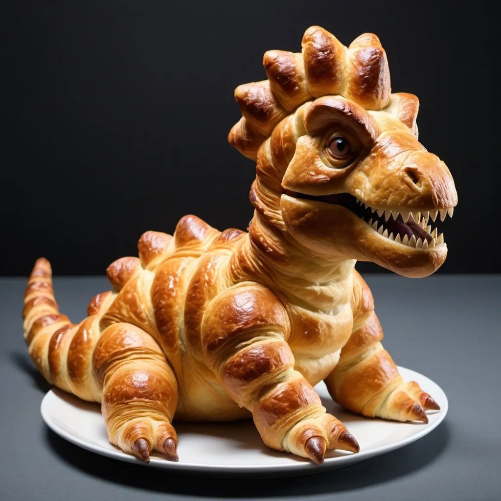 Prompt: Create a 3D dinossaur made of croissant. It should be seating on a plate on a dinner table 