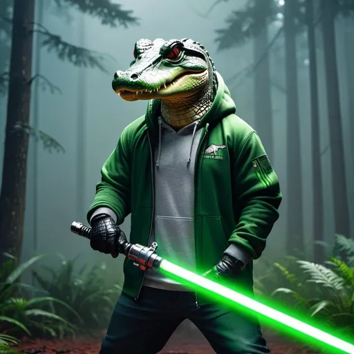 Prompt: Anthapamorphic alligator, standing in a battle stance, primary weapon is holding a green lightsabers, wearing a grey hoodie, hyper realistic, hyper detailed, night, foggy forest background, 4k, UGH