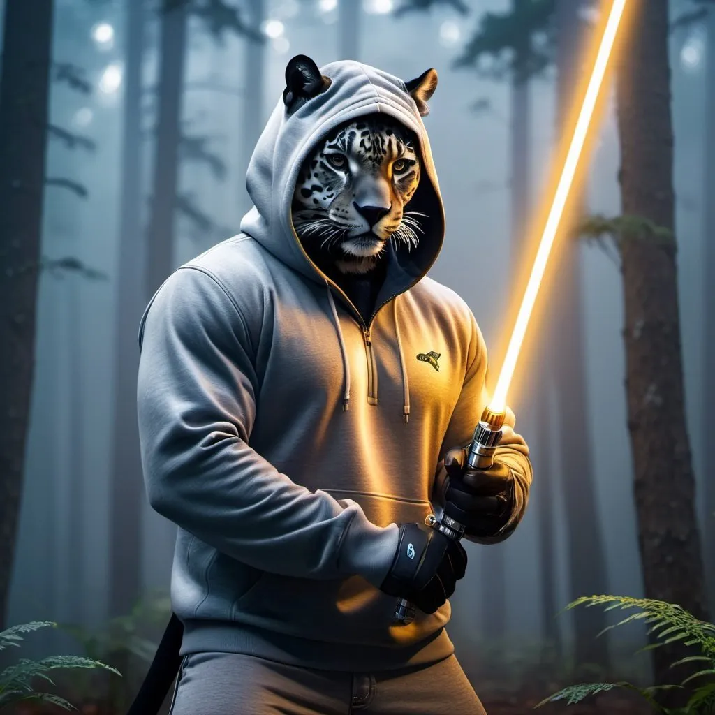 Prompt: Anthapamorphic jaguar, standing in a battle stance, primary weapon is holding a gold lightsaber, wearing a grey hoodie, hyper realistic, hyper detailed, night, foggy forest background, 4k, UGH