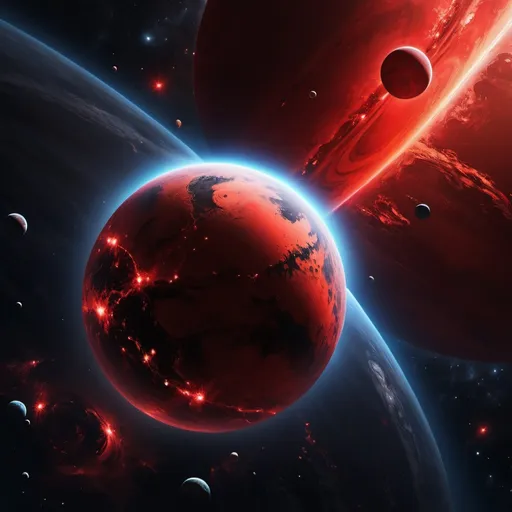 Prompt: Make outer space with a planet, the planet is red and with some mysterious black on it as well, painting, red stars, a bit of a red glow from the planet, hyper realistic, hyper detailed, perfect, wallpaper, dark space, masterpiece 