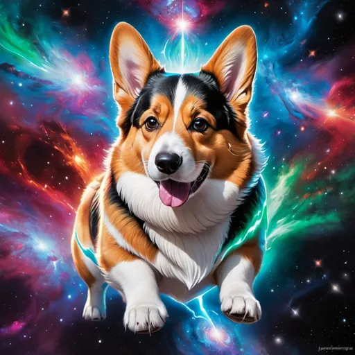 Prompt: Intimidating corgi god made of cosmic energy, white blue black red and green, Galaxy, Magic: The Gathering Art-style, hyper realistic, hyper detailed 