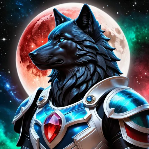 Prompt: Intimidating black wolf god made of cosmic energy, the arctic wolf is wearing armor, white blue black red and green, Galaxy, Magic: blood moon, The Gathering Art-style, hyper realistic, hyper detailed 