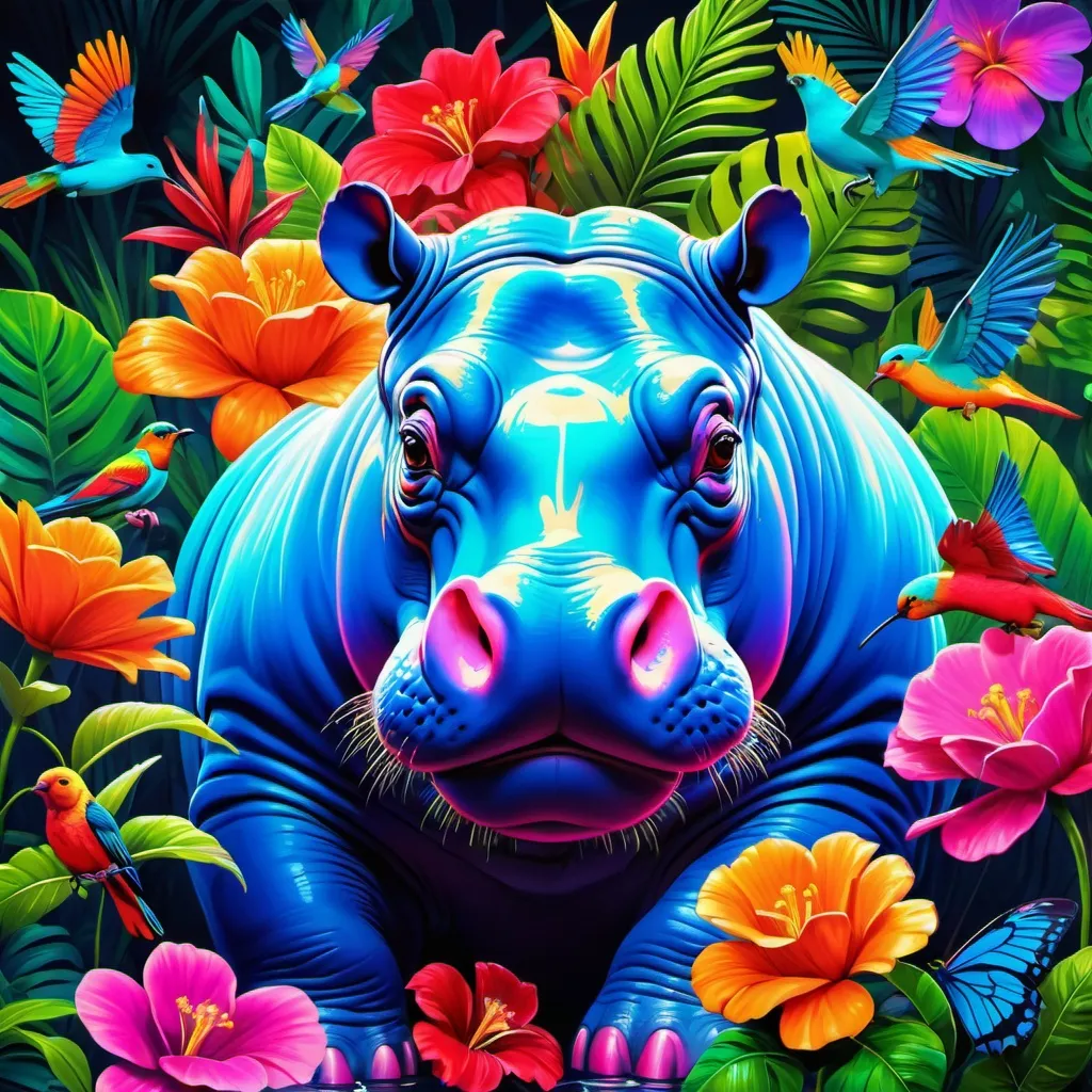 Prompt: Make a neon hippopotamus, neon colorful forest, tiger is bright and glowing, beautiful flowers, hyper realistic, hyper detailed, painting, masterpiece, wallpaper, more flowers, some humming birds, some red parrots, colorful,