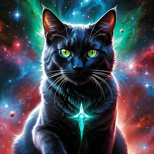 Prompt: Intimidating cat god made of cosmic energy, white blue black red and green, Galaxy, Magic: The Gathering Art-style, hyper realistic, hyper detailed 