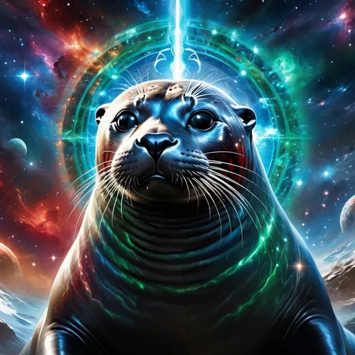 Prompt: Intimidating seal god made of cosmic energy, white blue black red and green, Galaxy, Magic: The Gathering Art-style, hyper realistic, hyper detailed 