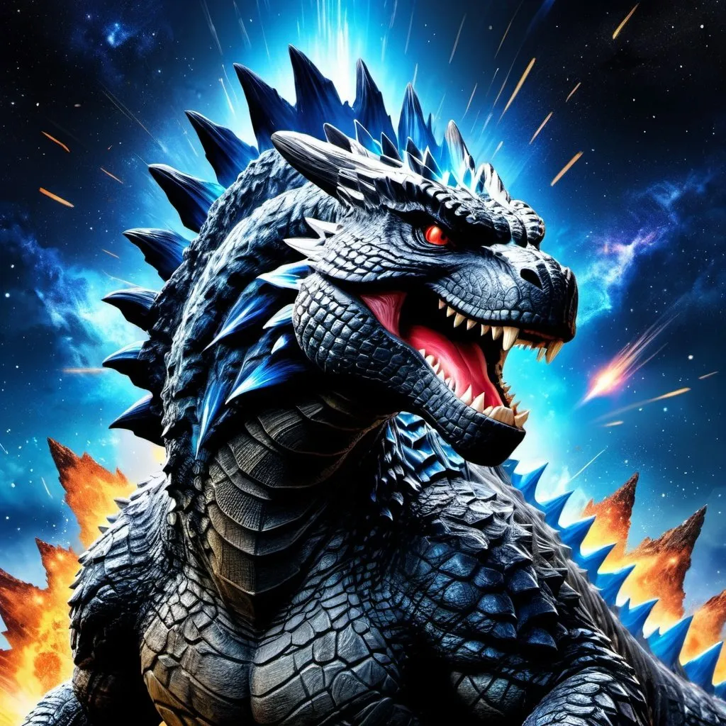 Prompt: Make a Godzilla from Godzilla king of monsters, hyper realistic, hyper detailed, perfect, background is space, Cosmo, galaxy, more background, large dorsal spikes, more galaxy background, detailed background 