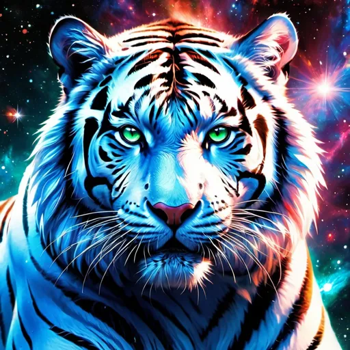 Prompt: Intimidating tiger god made of cosmic energy, white blue black red and green, Galaxy, Magic: The Gathering Art-style, hyper realistic, hyper detailed 