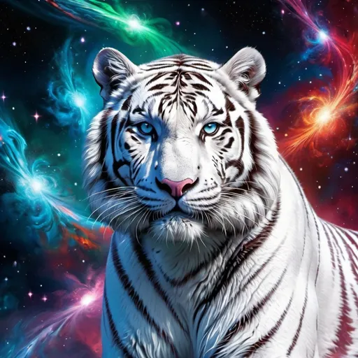 Prompt: Intimidating white Siberian tiger god made of cosmic energy, white blue black red and green, Galaxy, more background, Magic: The Gathering Art-style, hyper realistic, hyper detailed, more background