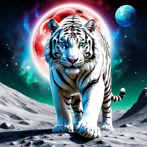 Prompt: Intimidating white Siberian tiger god made of cosmic energy, standing on the moon surface, white blue black red and green, Galaxy, more background, Magic: The Gathering Art-style, hyper realistic, hyper detailed, more background