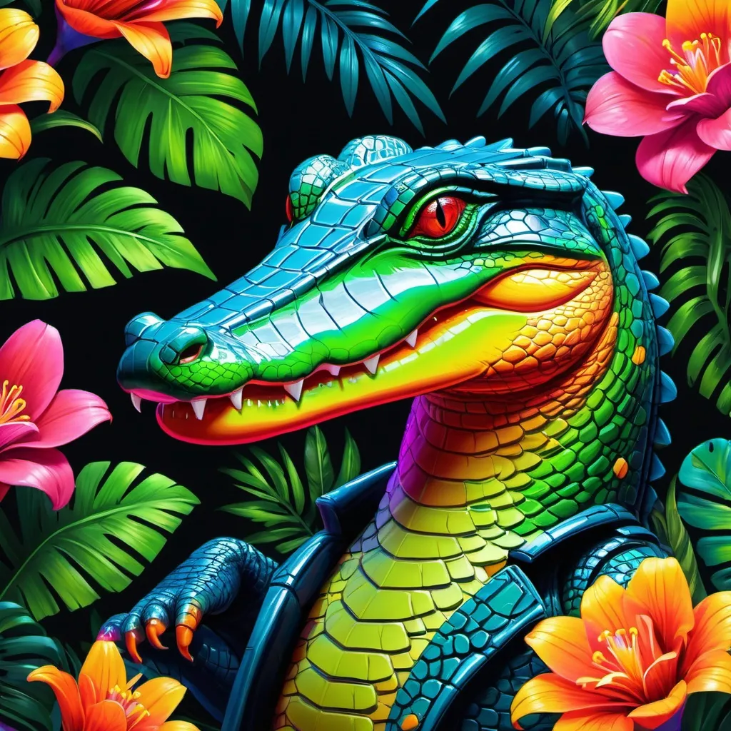 Prompt: Make a neon alligator, colorful forest, neon alligator is bright and glowing, beautiful flowers, hyper realistic, hyper detailed, painting, masterpiece, wallpaper, more flowers, some humming birds, some red parrots, colorful