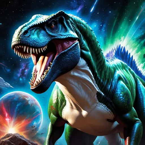 Prompt: Intimidating tyrannosaurus rex god made of cosmic energy, white, blue, black, red, dark red, dark blue, dark green and green, Galaxy, Magic: The Gathering Art-style, hyper realistic, hyper detailed 