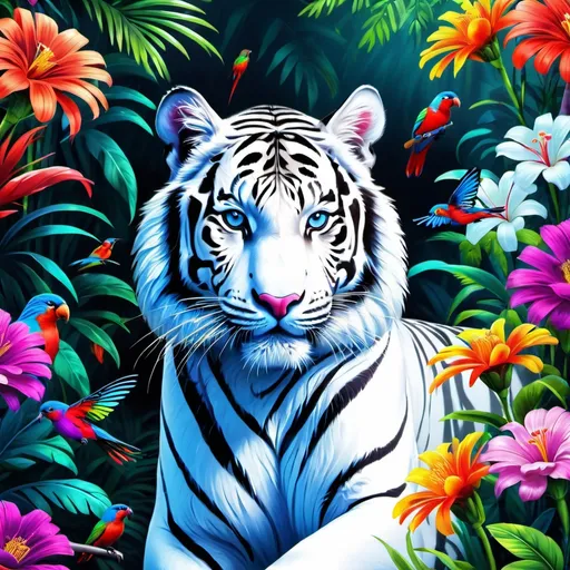 Prompt: Make a neon white tiger, neon colorful forest, tiger is bright and glowing, beautiful flowers, hyper realistic, hyper detailed, painting, masterpiece, wallpaper, more flowers, some humming birds, some red parrots, colorful,