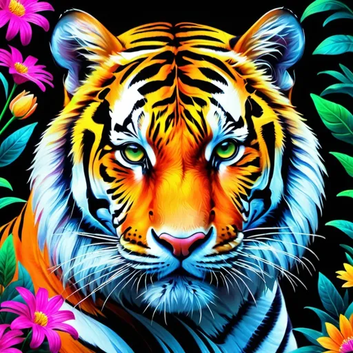 Prompt: Make a neon tiger, neon colorful forest, tiger is bright and glowing, beautiful flowers, hyper realistic, hyper detailed, painting, masterpiece, wallpaper 