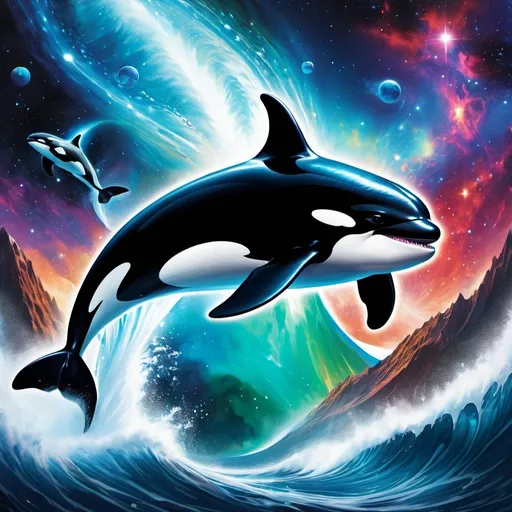 Prompt: Intimidating orca god made of cosmic energy, white blue black red and green, Galaxy, Magic: The Gathering Art-style, hyper realistic, hyper detailed 