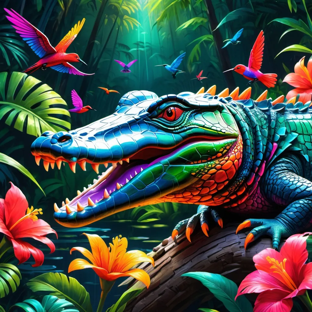 Prompt: Make a neon alligator, colorful forest, neon alligator is bright and glowing, beautiful flowers, hyper realistic, hyper detailed, painting, masterpiece, wallpaper, more flowers, some humming birds, some red parrots, colorful