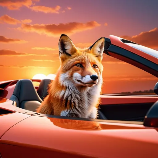 Prompt: Make a fox sitting, hyper realistic, hyper detailed, sitting in a red lamborghini car, sunset sky is orange sky, 4k, UHG