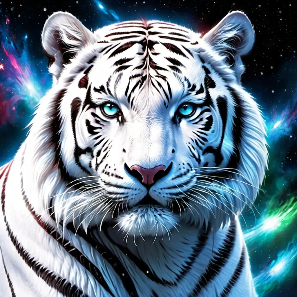 Prompt: Intimidating white Siberian tiger god made of cosmic energy, white blue black red and green, Galaxy, Magic: The Gathering Art-style, hyper realistic, hyper detailed 