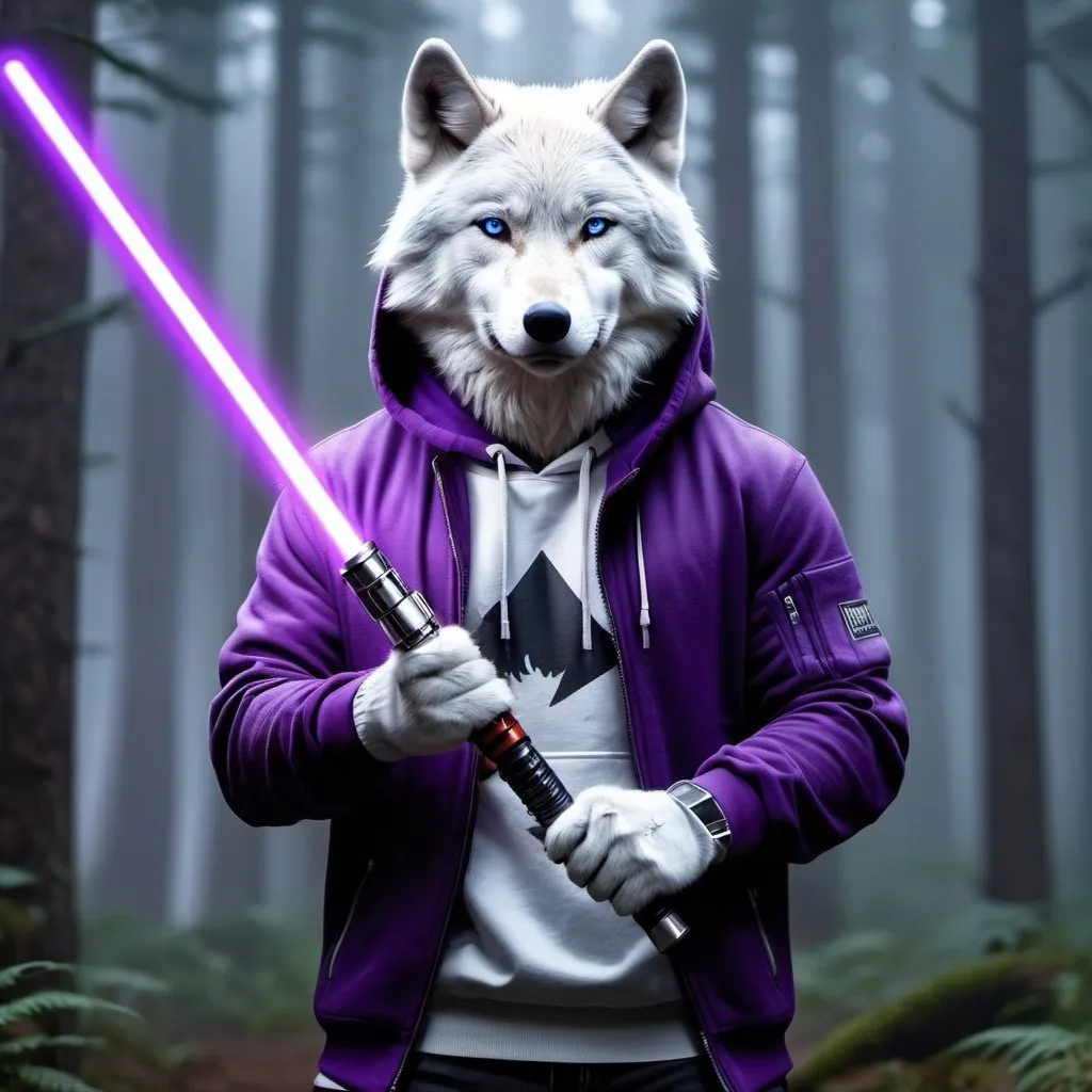 Prompt: Anthapamorphic white wolf, standing in a battle stance, primary weapon is holding a purple lightsaber, wearing a grey hoodie, hyper realistic, hyper detailed, night, foggy forest background, 4k, UGH