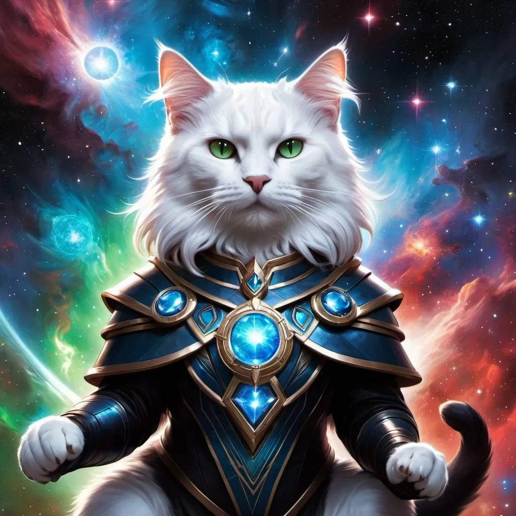 Prompt: Intimidating cat god made of cosmic energy, white blue black red and green, Galaxy, Magic: The Gathering Art-style, hyper realistic, hyper detailed 