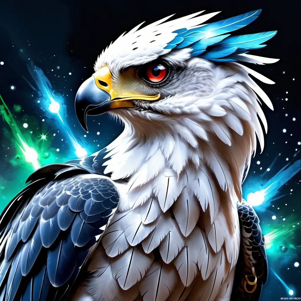 Prompt: Intimidating Harpy eagle god made of cosmic energy, armor with a few glowing powerful gems white blue black red and green, Galaxy, Magic: The Gathering Art-style, hyper realistic, hyper detailed 