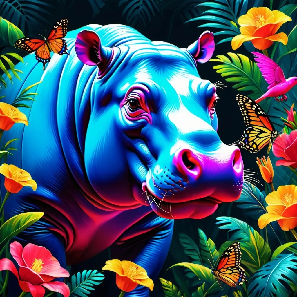 Prompt: Make a neon hippopotamus, neon colorful forest, tiger is bright and glowing, beautiful flowers, hyper realistic, hyper detailed, painting, masterpiece, wallpaper, more flowers, some humming birds, some red parrots, colorful