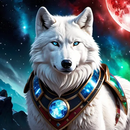 Prompt: Intimidating arctic wolf god made of cosmic energy, the arctic wolf is wearing armor, white blue black red and green, Galaxy, Magic: blood moon, The Gathering Art-style, hyper realistic, hyper detailed 