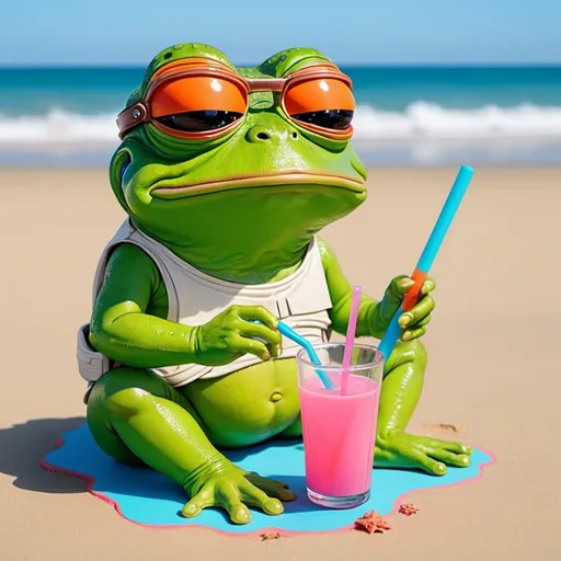 Prompt: 
 
 PEPE CHUBAKA FROG  STAR WARS
   ARTTISTA DRAWING MATT FURIE  
CORES FLUORESCENTES VIVIDAS  SUMMER BEACH


