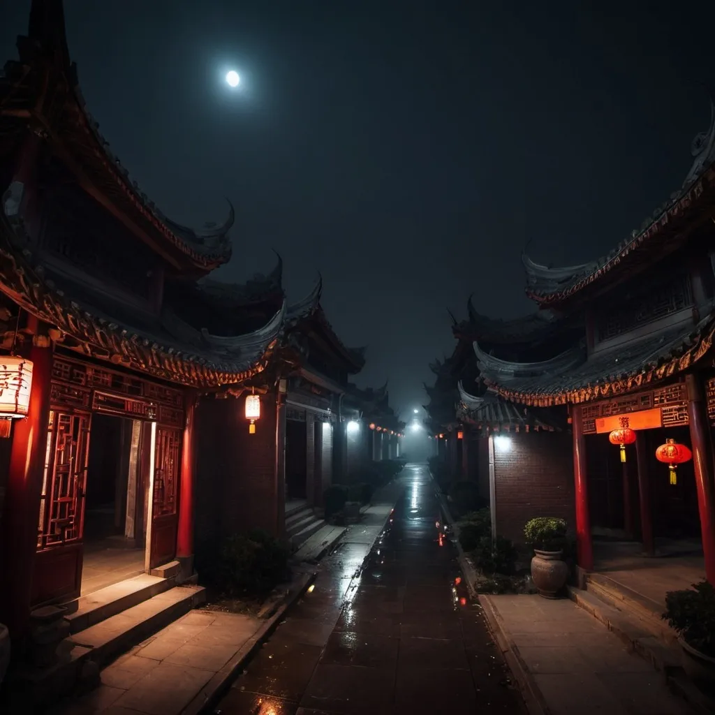 Prompt: spooky, atmospheric, nighttime, China,