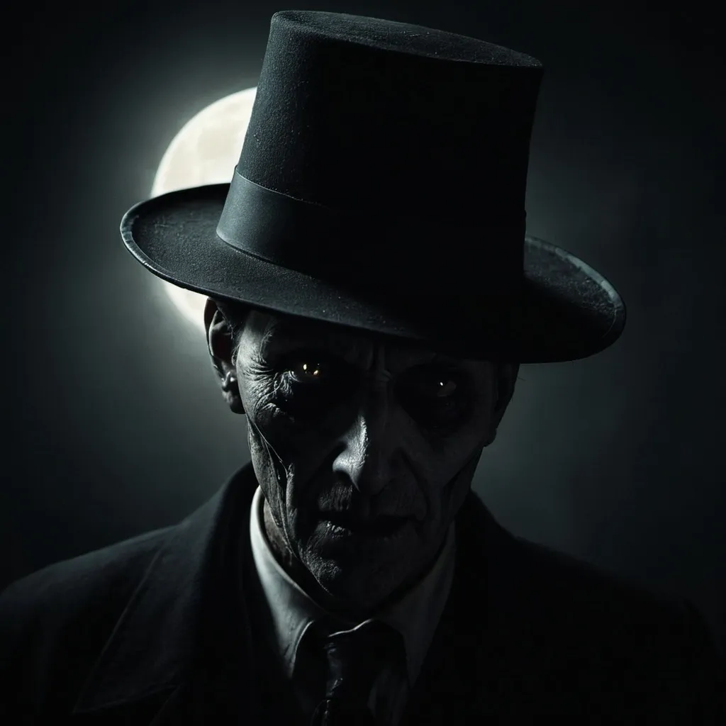 Prompt: creepy, scary, dark, The Hat Man, nighttime, 