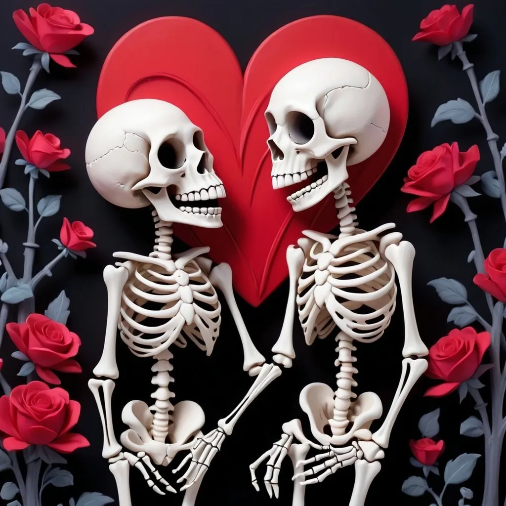 Prompt: skeletons in love, whimsical, cute,