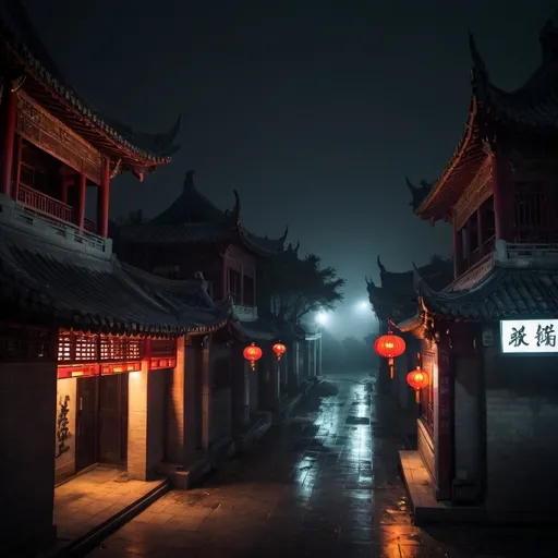 Prompt: spooky, atmospheric, nighttime, China,