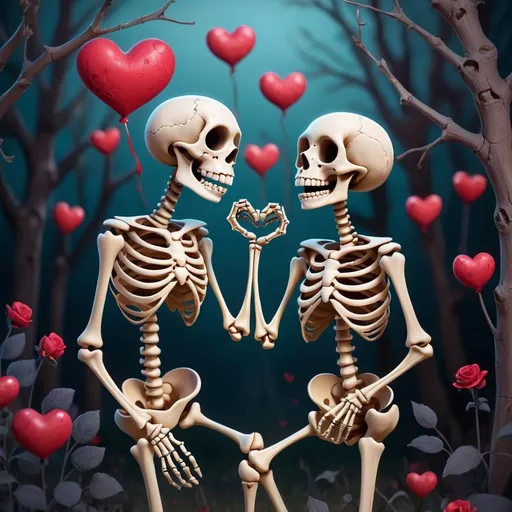 Prompt: skeletons in love, whimsical, cute,