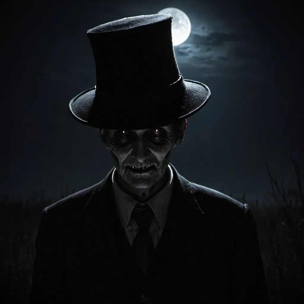 Prompt: creepy, scary, dark, The Hat Man, nighttime, 