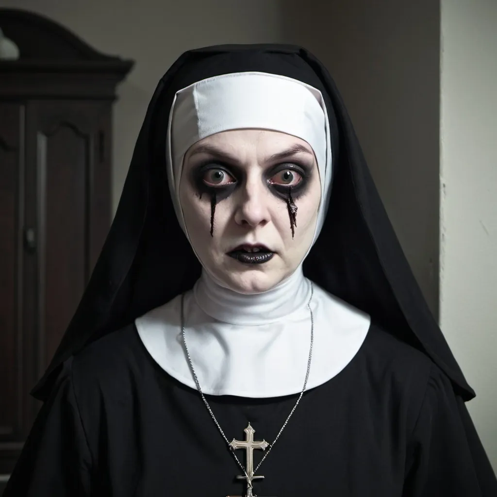 Prompt: creepy, scary, dark, nun, 