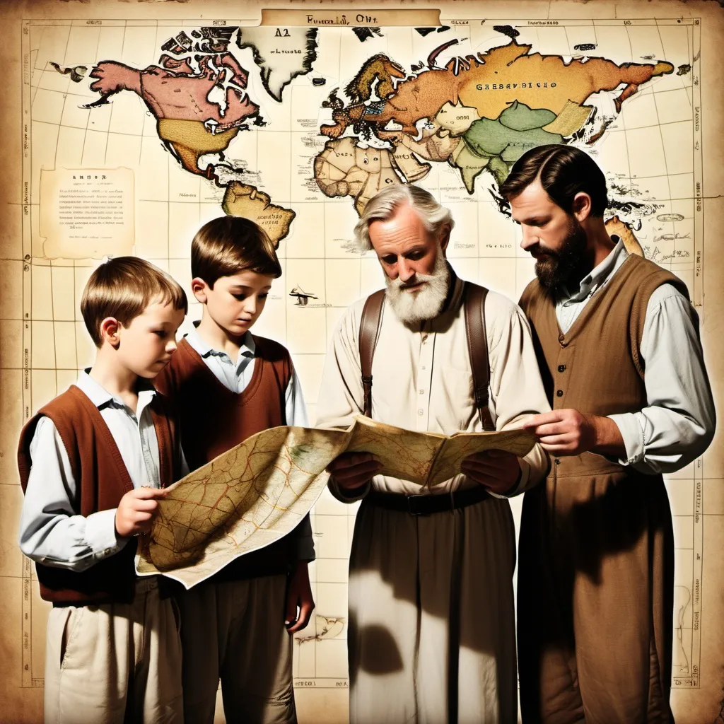 Prompt: create an image with two men from the book of Genesis wearing old clothes standing next to  two young boys ages 10 and 8 looking at an old map.