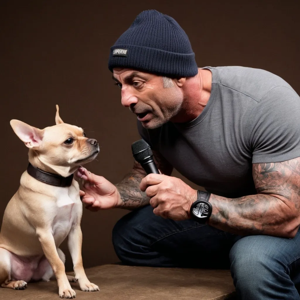 Prompt: Joe Rogan having a heated debate with a small dog wearing a beanie