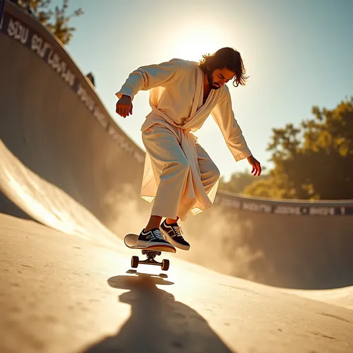 Prompt: Jesus is in a skate park
he is hitting tricks on the skate board
Jesus is wearing a white robe
and holy light eminates from him
