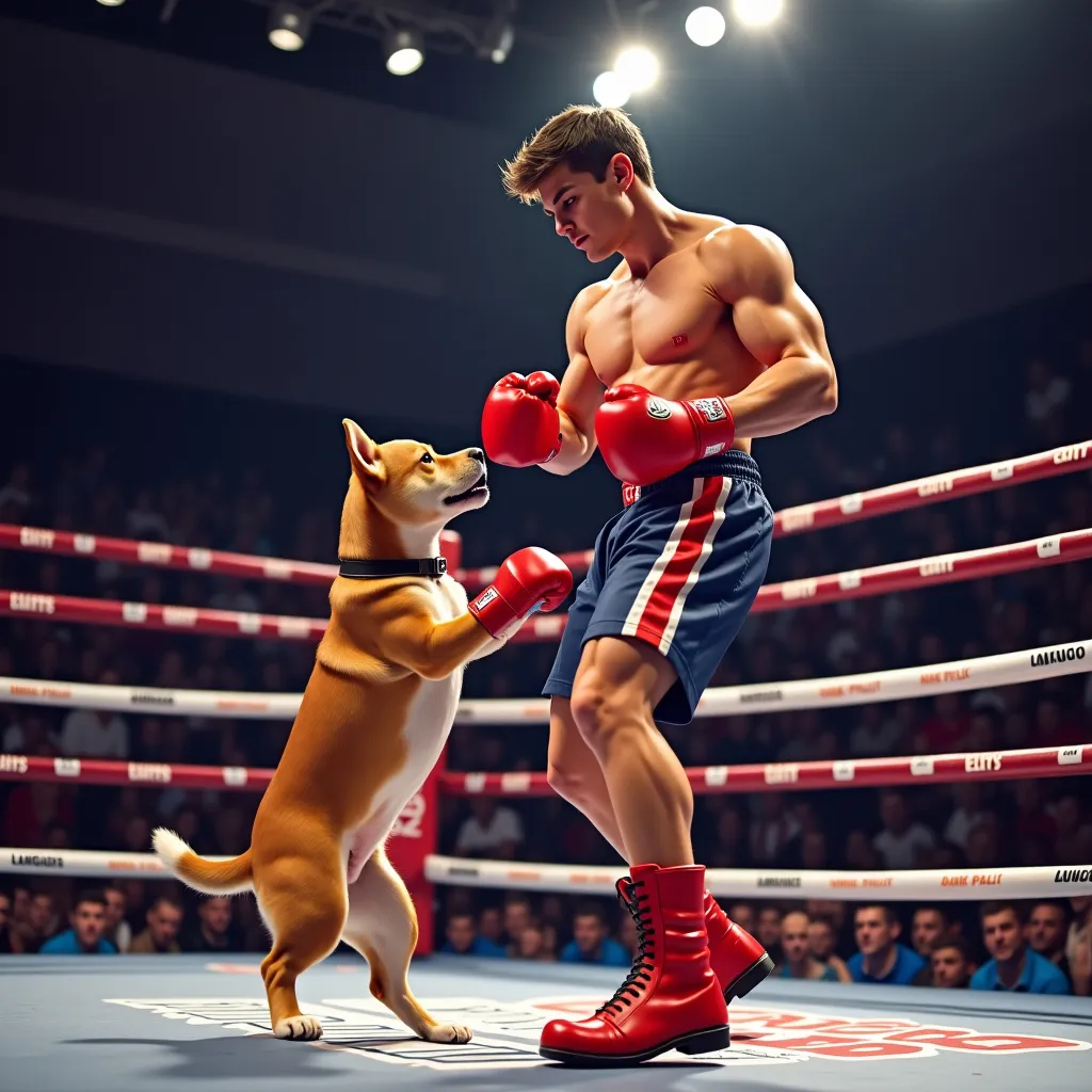 Prompt: Jake Paul
he is in a boxing ring
he is going to fight a small dog
