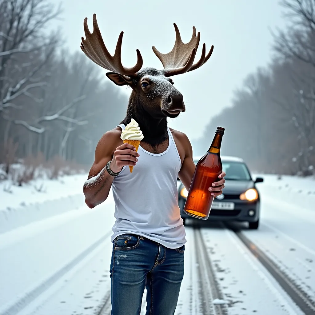 Prompt: A person on a snowy road
the persons head is a moose
he is wearing a tank top
he is holding an ice cream 
its snowing
there is a car behind him
he is also holding a giant bottle of alchohol

