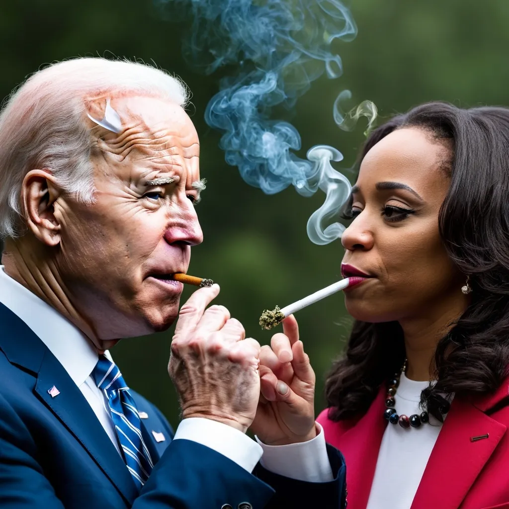 Prompt: Joe Biden and Khamala Harris smoking weed